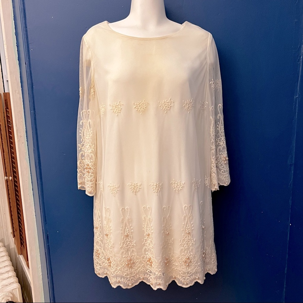 White Lace Boho Dress with Pearls